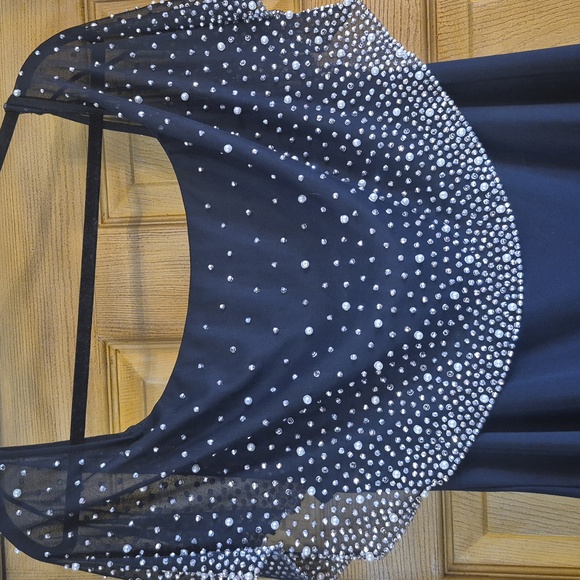 MSK Midnight Blue Elegant Evening  Dress Embellished Attached Sheer Cape Large - Picture 3 of 10